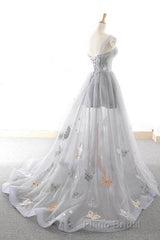 Gray Long Formal Prom Dresses with Butterfly, New Arrival Unique Evening Dresses