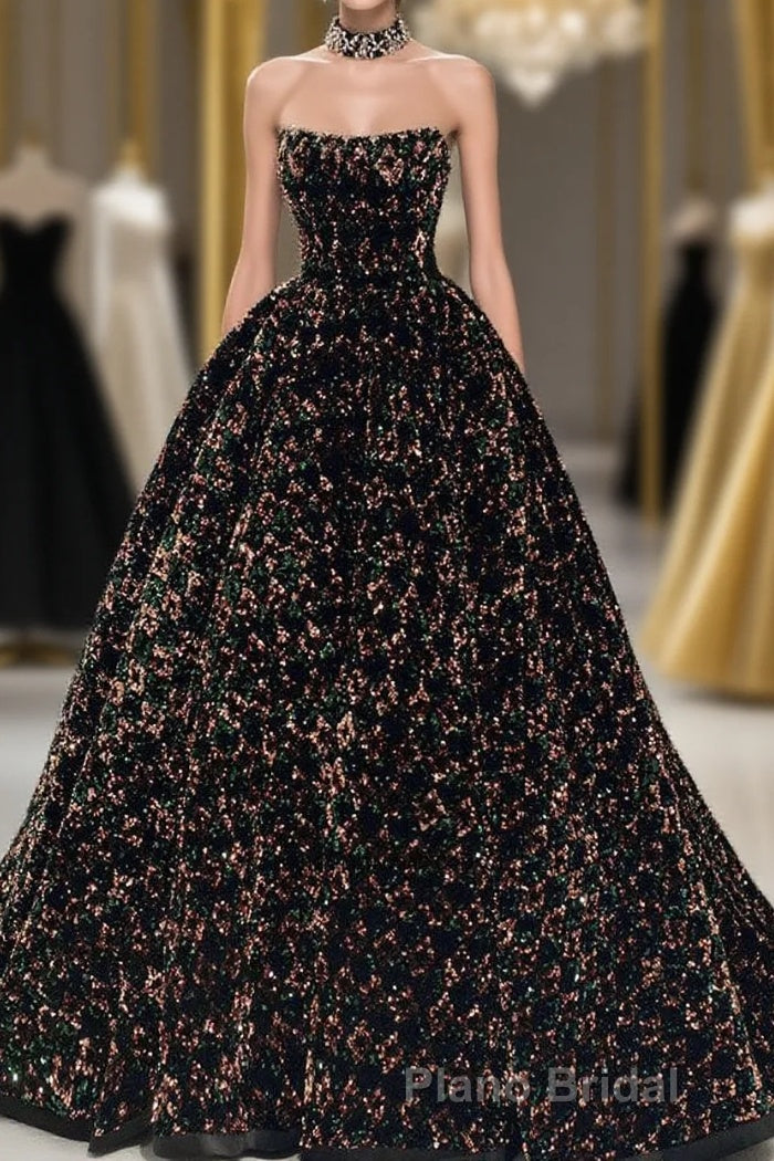 A Line Sparkly Sequin Long Formal Prom Dresses, Gorgeous Strapless Long Evening Dresses