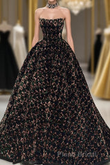 A Line Sparkly Sequin Long Formal Prom Dresses, Gorgeous Strapless Long Evening Dresses