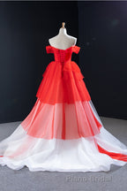 Red and White off the Shoulder Tired Formal Prom Dresses, Puffy Formal Party Dresses