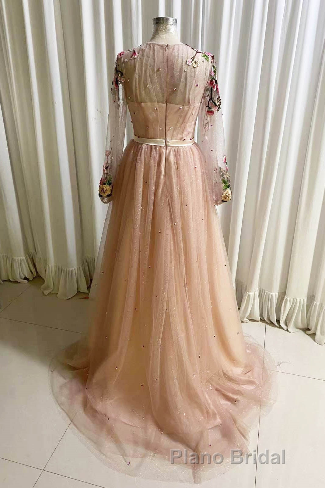 A Line Tulle Long Formal Prom Dresses with Flowers, Pink Long Sleeves Party Dresses with Beading