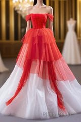 Red and White off the Shoulder Tired Formal Prom Dresses, Puffy Formal Party Dresses