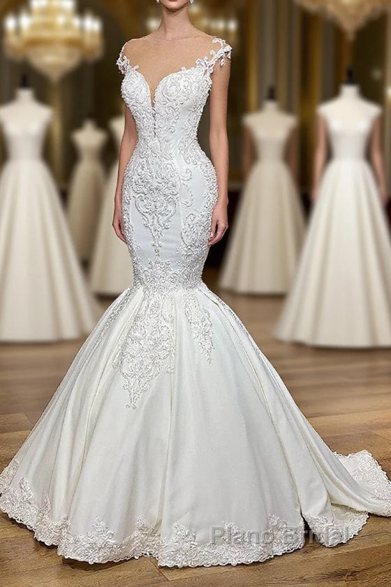 Exquisite Long Lace V-neck Sleeveless Mermaid Wedding Dresses Main image