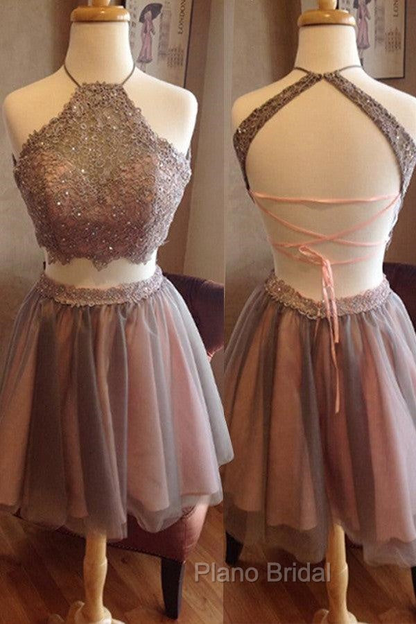 Exquisite Two Pieces Open Back Halter Blush Lace Homecoming Dresses Secondary image
