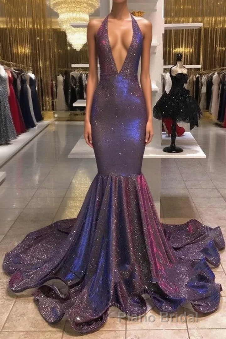 Chic Deep V-Neck Sleeveless Formal Prom Dresses New Arrival Halter Memaiad Sequins Evening Gowns Main image