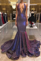 Chic Deep V-Neck Sleeveless Formal Prom Dresses New Arrival Halter Memaiad Sequins Evening Gowns