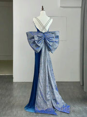 Simple Velvet Blue Mermaid Long Formal Prom Dress, Backless Velvet Blue Evening Dress