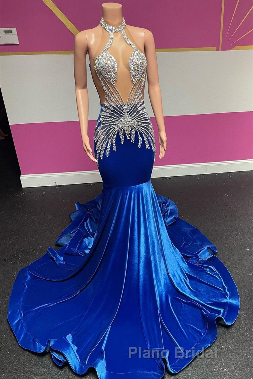 Royal Blue Halter Sleeveless Mermaid Formal Prom Dresses With Beadings Velvet Secondary image