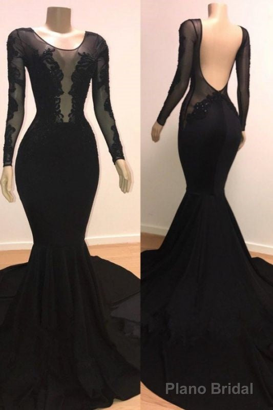 Unique Scoop Long Sleeves Backless Lace Appliques Tulle Sexy Mermaid Prom Dresses