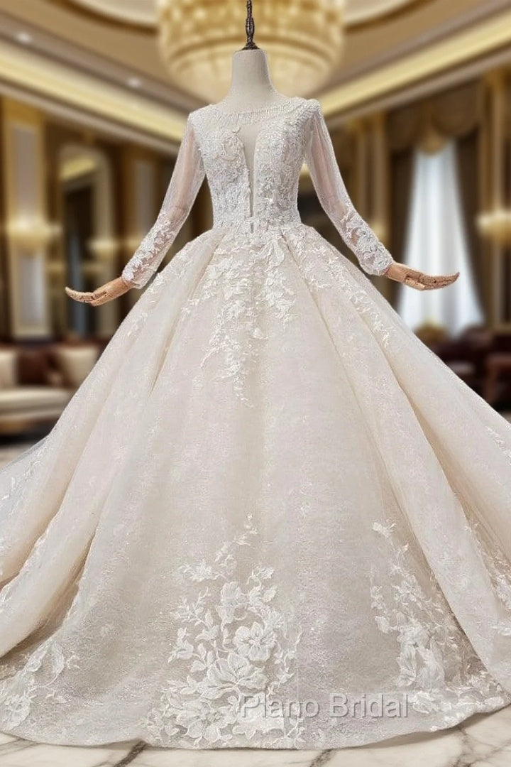 Fabulous Champagne Ball Gown Tulle Appliues Long Sleeve Beading Wedding Dresses