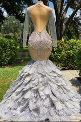 Fabulous Long Mermaid V-neck Sequined Beading Feather Tulle Formal Prom Dresses with Sleeves