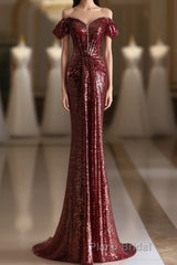 Simple Off Shoulder Sequin Burgundy Long Prom Dress, Burgundy Long Evening Dress