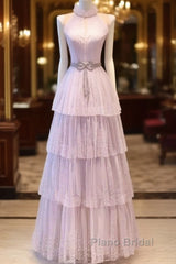 Fairy A Line High Neckline Pink Long Tulle Formal Prom Dresses 22Th Birthday Outfit