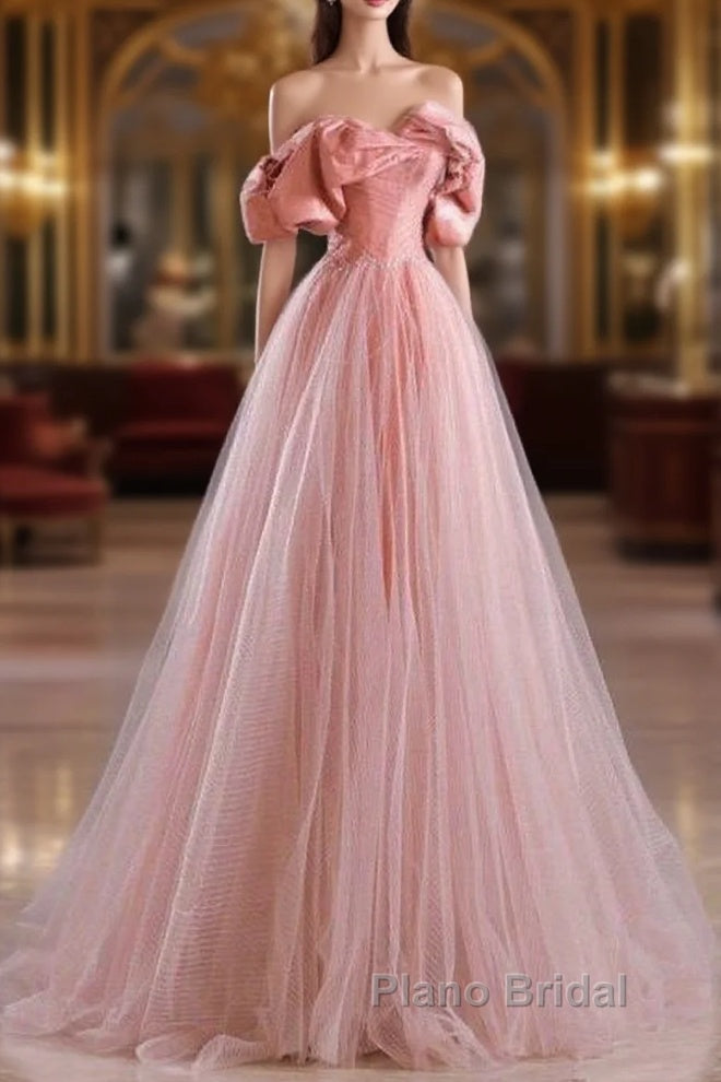 Fairy A Line Off The Shoulder Pink Tulle Formal Prom Dresses For Teens