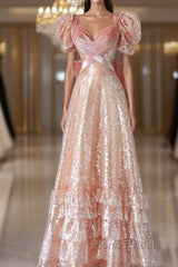 Fairy A Line Short Sleeves Sequin Long Formal Prom Dresses