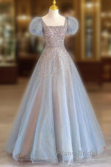 Fairy A Line Square Neckline Tulle Long Blue Formal Prom Dresses