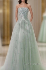 Fairy A Line Strapless Mint Green Long Tulle Formal Prom Dresses 22Th Birthday Outfit