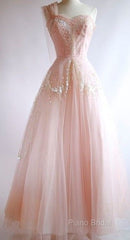 Fairy Ball Gown One Shoulder Pink Lace Formal Prom Dresses Ankel Length Formal Dresses