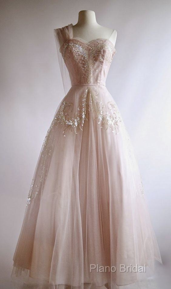 Fairy Ball Gown One Shoulder Pink Lace Formal Prom Dresses Ankel Length Formal Dresses