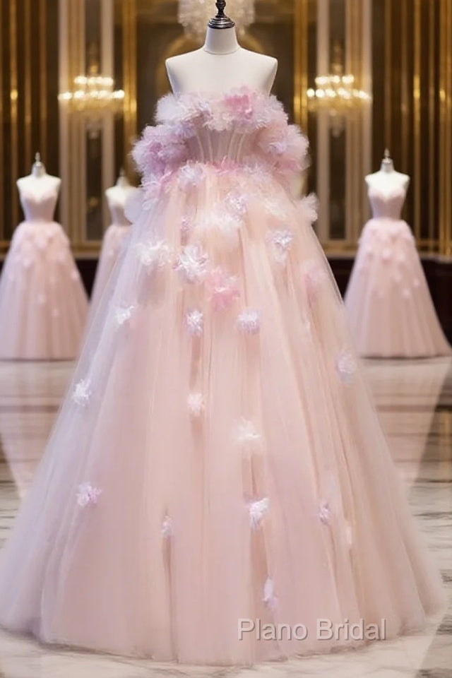Fairy Ball Gown Strapless Pink Tulle Formal Prom Dresses Long Party Dresses Main image