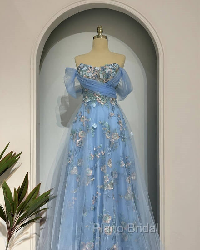 Fairy Blue Tulle Off Shoulder Lace Embroidery Dresses