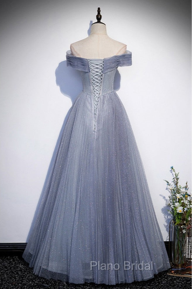 Fantasy Dusty Blue Bling Tulle Formal Prom Dresses Off Shoulder With Bling