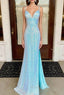 Fantasy Formal Prom Dresses, Sheath/Column V Neck Spaghetti Straps Sweep Train Sequined Formal Prom Dresses With Split