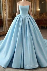 Fashion Blue Ball Gown Strapless Pleats Wedding Dresses With Train Long Formal Prom Formal Dresses Formal Gown