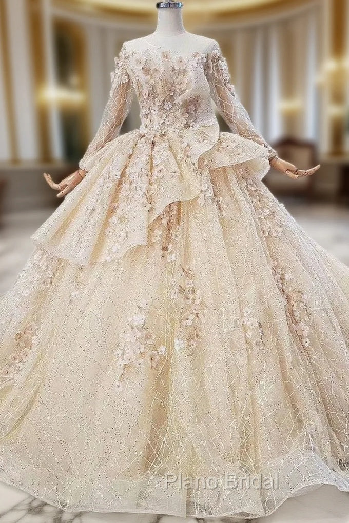 Fashion Champagne Ball Gown Tulle Sequins Long Sleeve Appliques Wedding Dresses Main image