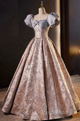 Fashion Floor-Length Printing Formal Prom Dresses, A-Line Short Sleeve Backless Formal Dresses