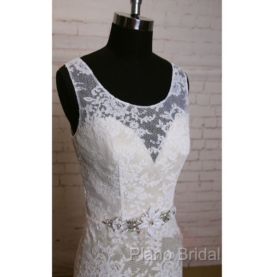 Fashion Ivory Lace Elegant Scoop Neck Open Back Vintage Column Sweep Trailing Wedding Dresses, Secondary image