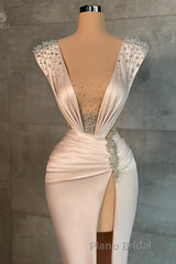 Fashion Long V-neck Split Front Mermaid Evening Formal Prom Dresses With Rhinestones