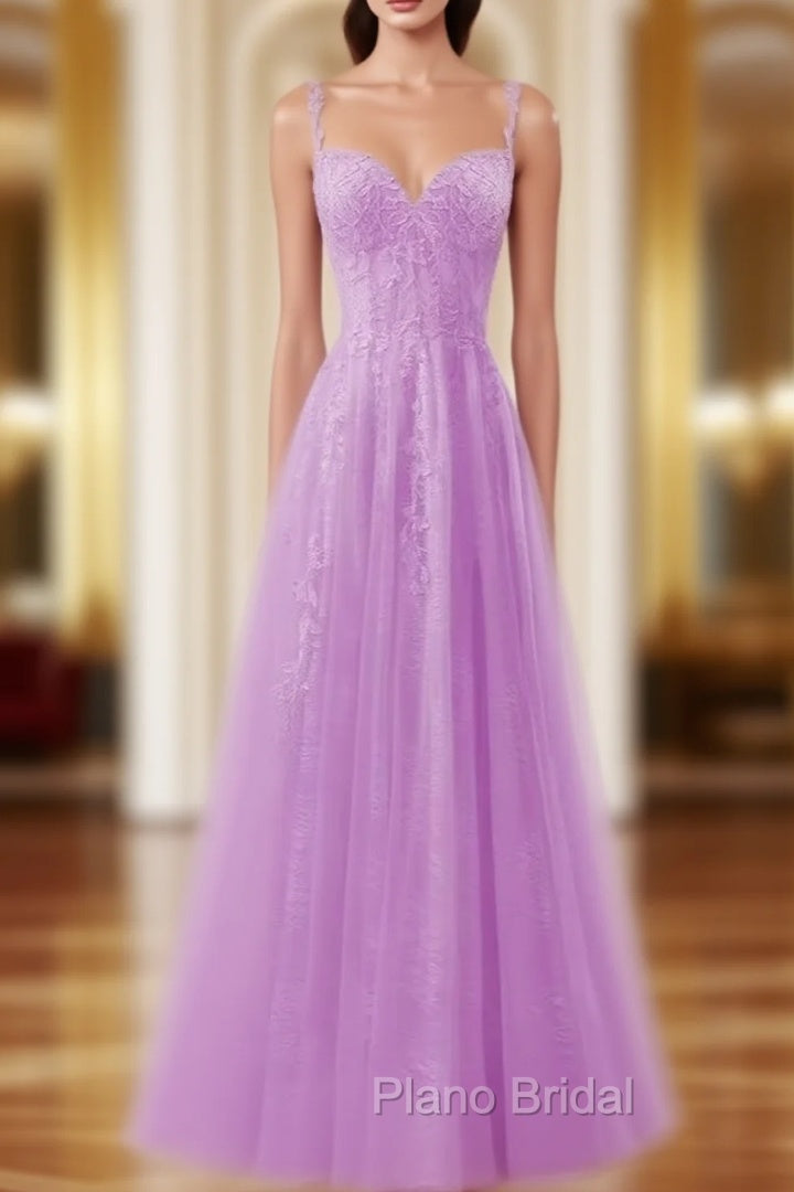 Fashion Purple Tulle Spaghetti Straps Appliques Formal Prom Dresses Main image