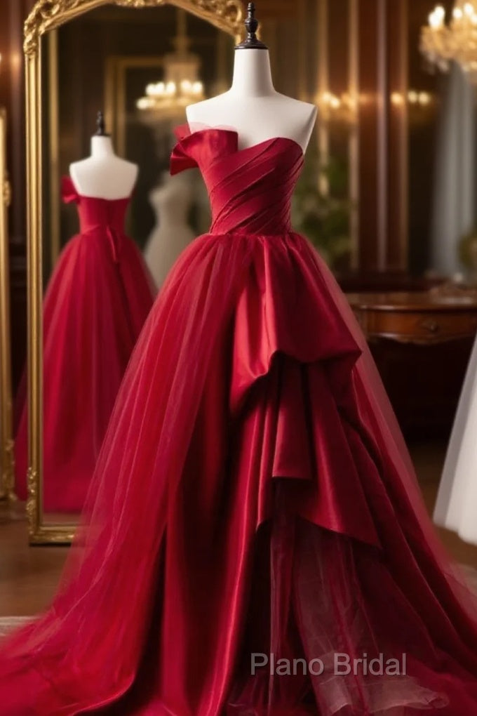 Fashion Tulle Satin Long Formal Dresses Red Formal Prom Dresses