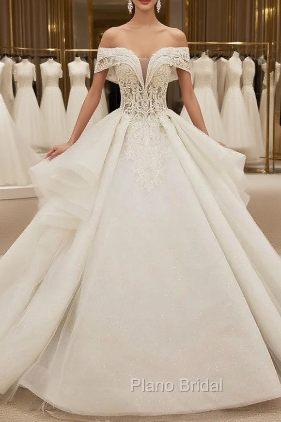 Fashion White Ball Gown Tulle Off the Shoulder Wedding Dresses With Beading Main image