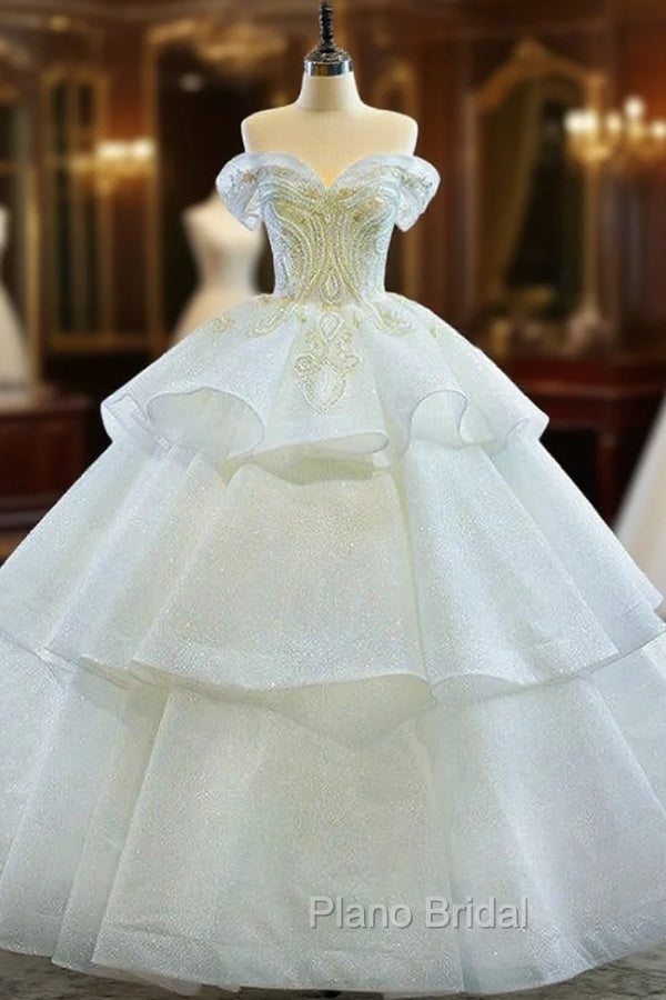 Fashion White Ball Gown Tulle Sequins Off the Shoulder Beading Wedding Dresses Main image