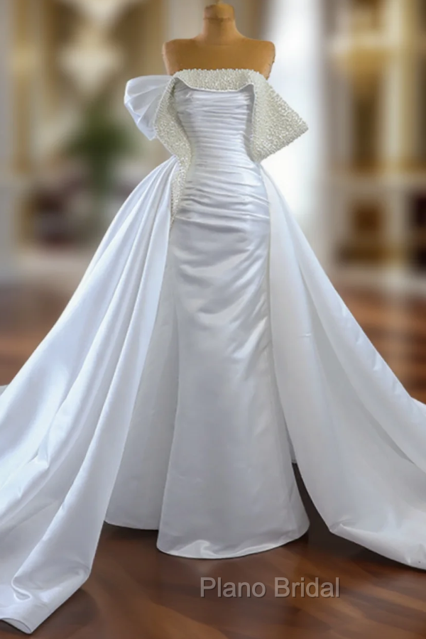 Fashion White Satin Strapless Pleats Pearls Wedding Dresses