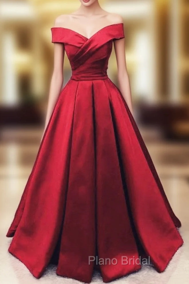 Fashionable Dark Red Satin Simple Off Shoulder Formal Prom Dresses, Red Party Dresses Evening Dresses Main image