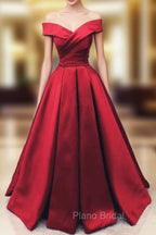 Fashionable Dark Red Satin Simple Off Shoulder Formal Prom Dresses, Red Party Dresses Evening Dresses