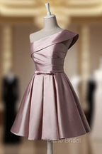 Fashionable Pink Knee Length Satin Short Formal Prom Dresses, One Shoulder Bridesmaid Dresses