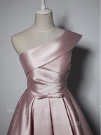 Fashionable Pink Knee Length Satin Short Formal Prom Dresses, One Shoulder Bridesmaid Dresses
