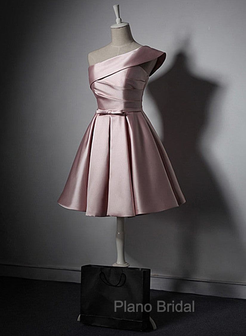 Fashionable Pink Knee Length Satin Short Formal Prom Dresses, One Shoulder Bridesmaid Dresses Main image