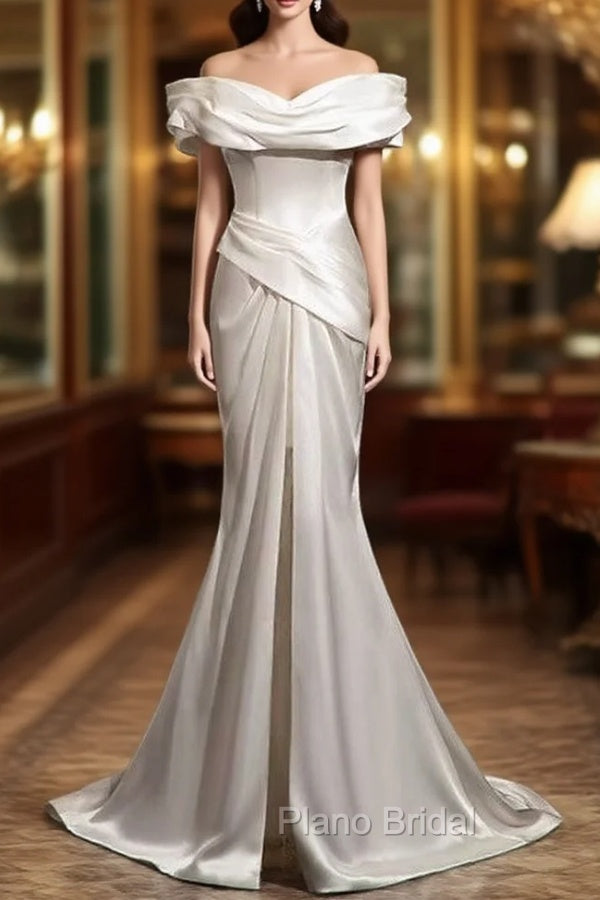 Fashionable White Mermaid Satin Pleats Wedding Dresses Main image
