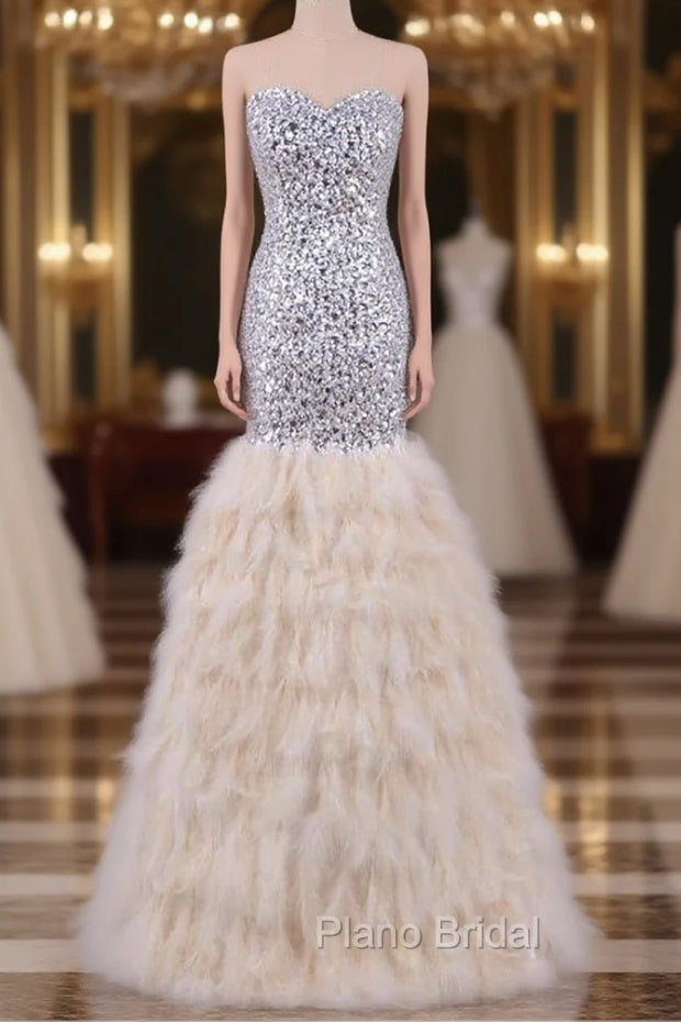 Feather Mermaid Evening Dresses Crystals Bling Formal Prom Party Dresses Main image
