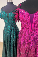 Feathered Cold Shoulder Sequin Long Formal Prom Dresses with Appliques