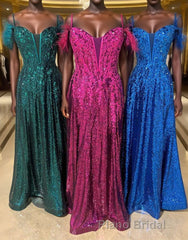 Feathered Cold Shoulder Sequin Long Formal Prom Dresses with Appliques