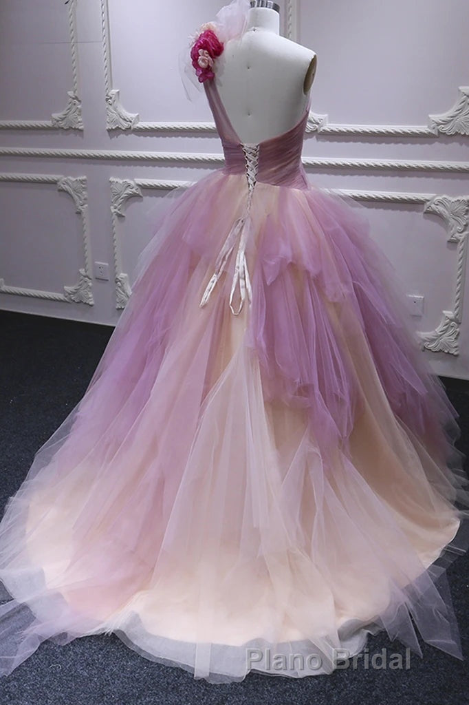 Puffy One Shoulder Sleeveless Tulle Formal Prom Dresses with Flowers, Ruffles Quinceanera Dresses Secondary image