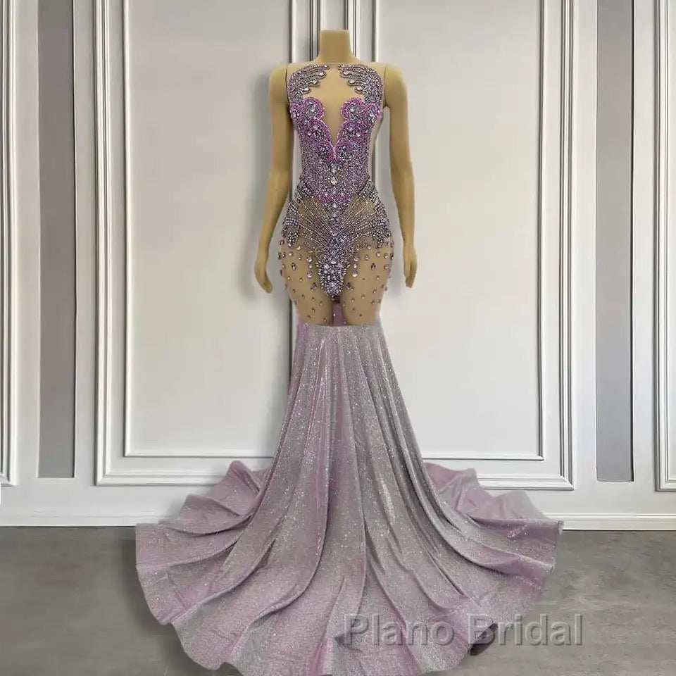 Purple Mermaid Formal Prom Dress Sleeveless with Long Beadings