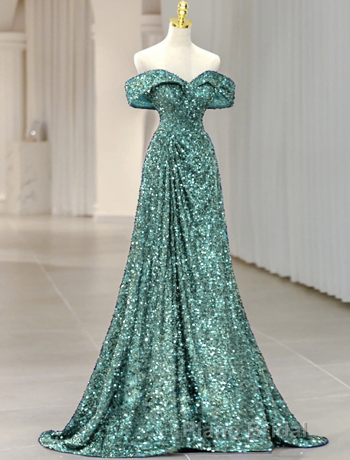 A-Line Evening Gown Elegant Dresses Formal Wedding Guest Sweep / Brush Train Sleeveless Off Shoulder Sequined with Glitter Sequin Masquerade Dresses