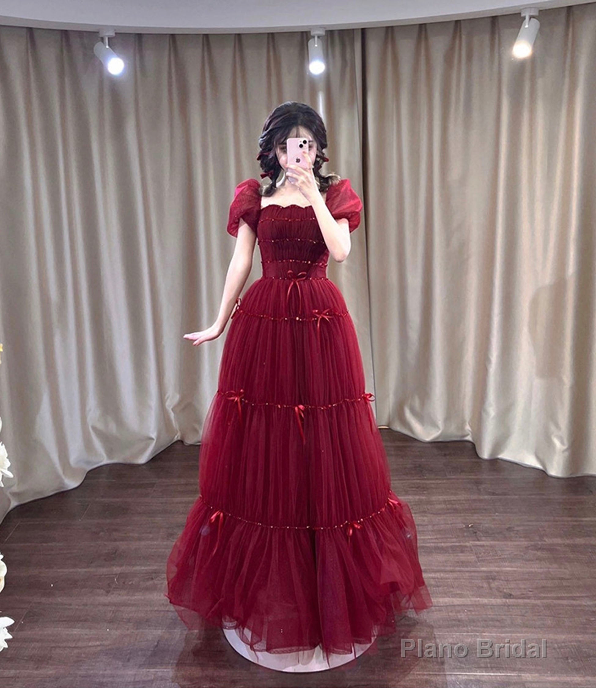 Burgundy tulle sequins long prom dress A-line evening dress Main image